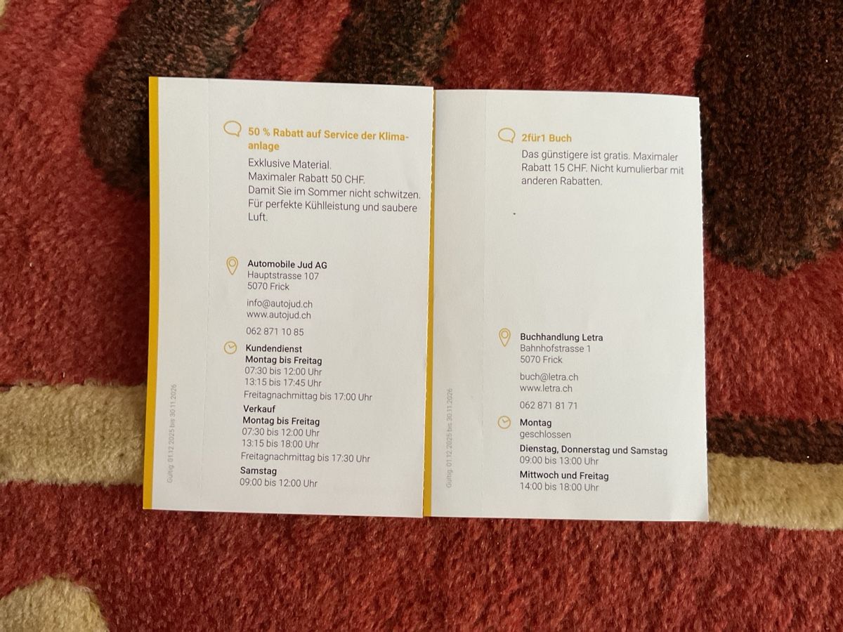 Gutscheine: 7 bons de réduction à Frick – Neu (gemäss Beschreibung) aus Düdingen von Yellow 4