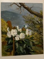H.W. Landschaftsgemälde monogrammiert mit Blumen, Baum Berge