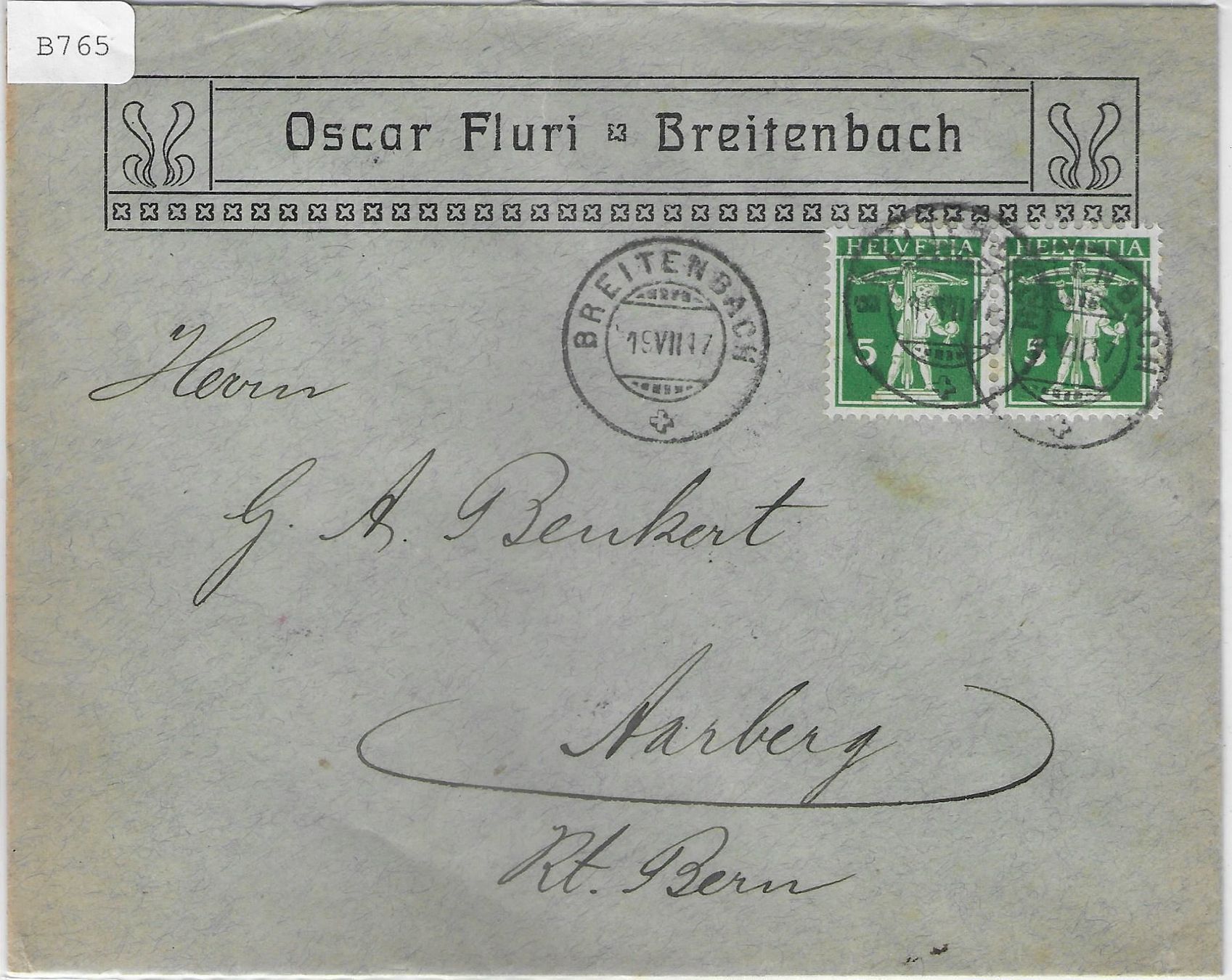 Tutti i francobolli: Breitenbach SO 19.VII.1917 Oscar Fluri – Usato da Ettingen venduto da Kartenplanet