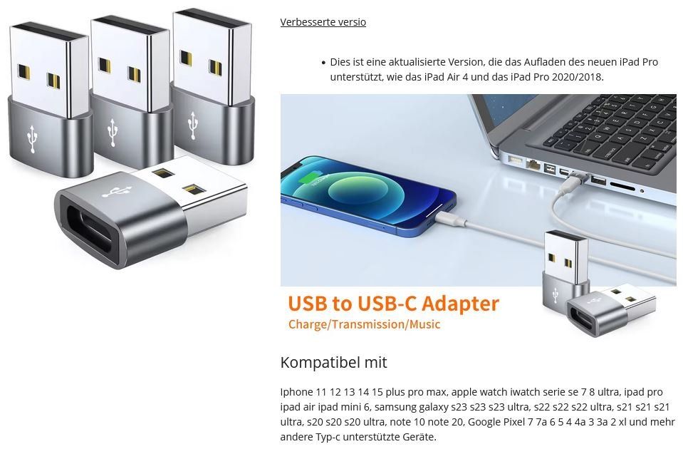 Unità & Adattatore: NEU Adapter von USB A mändlich zu USB C weib. 2. Generation – Nuovo e nell'imballaggio originale da St. Margarethen TG venduto da Smiley-Face 2