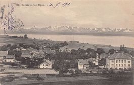 Bevaix et les Alpes, Collège en avant-plan, circulée 1913