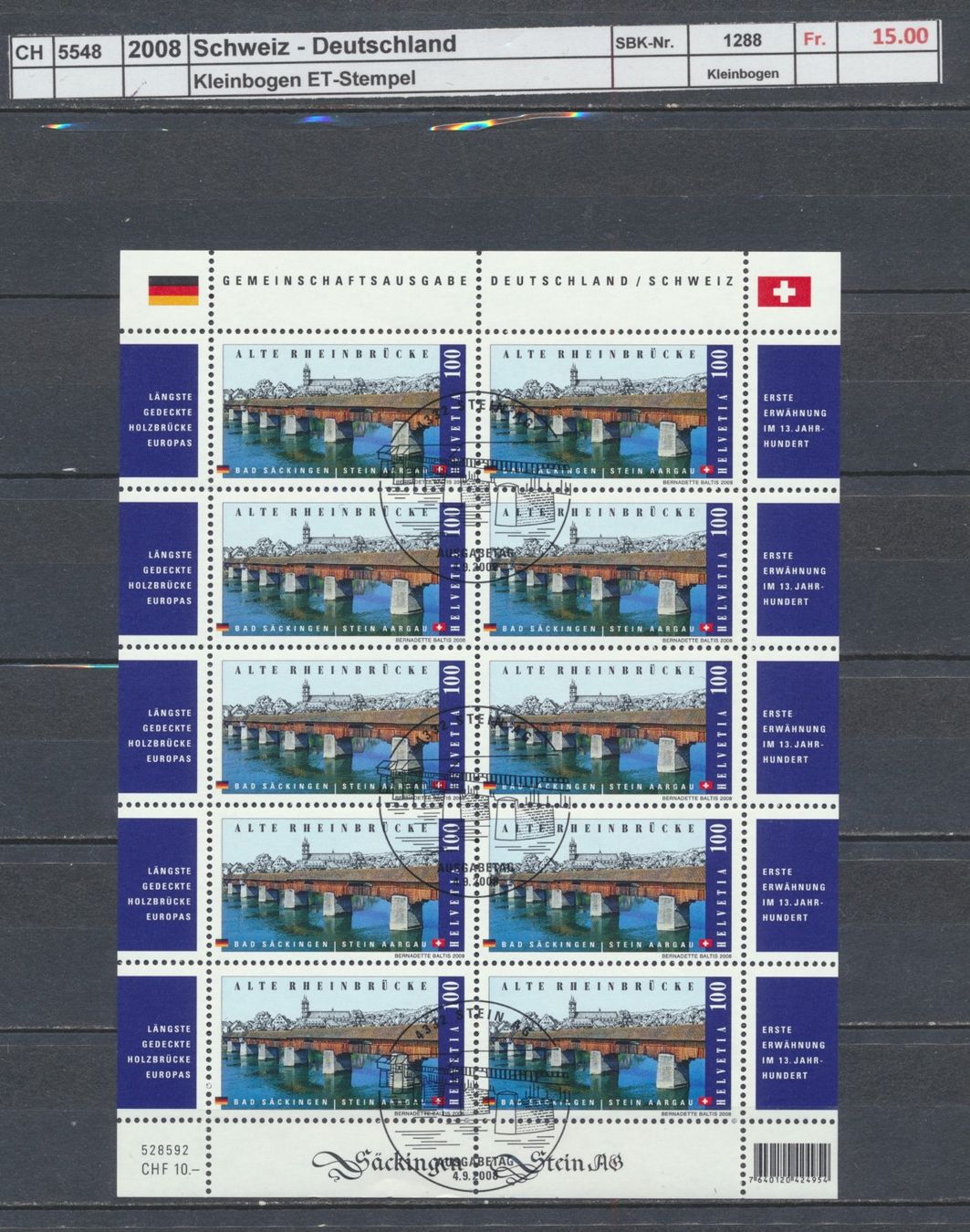 Alle Briefmarken: 2008 "Gemeinschaft Schweiz - Deutschland", Kleinbogen, gest. – Gebraucht aus Winterthur von Zupogeru
