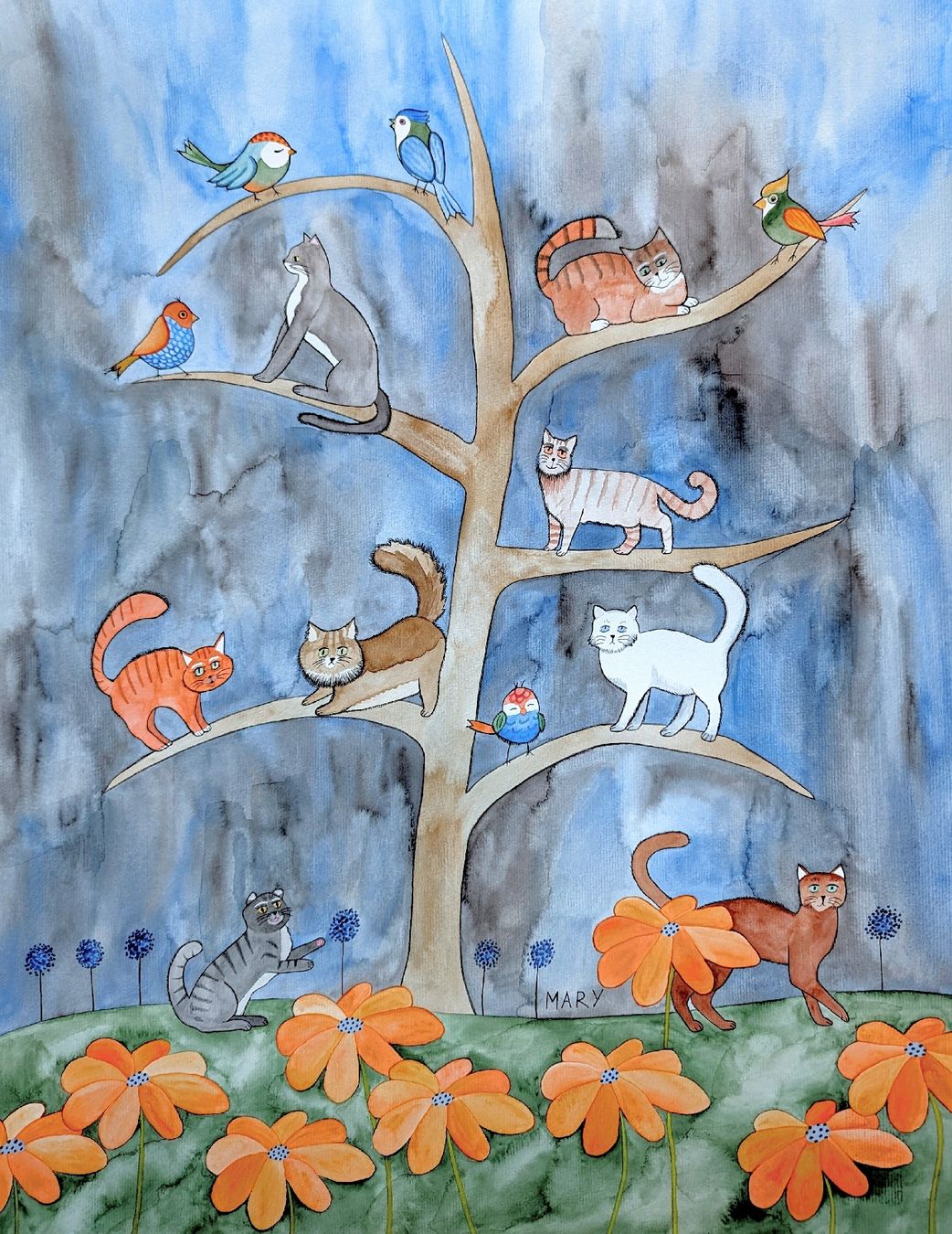 Dipinti: Original Aquarell Baum voller Katzen Bild naive Kunst – Nuovo e nell'imballaggio originale da Wittenbach venduto da Mary.M.Boesch