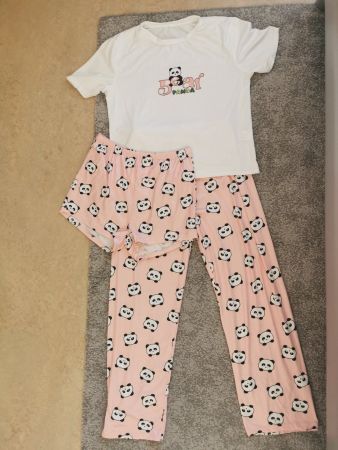 Pyjamaset Damen Panda Print Rosa Weiss Grösse M Neu