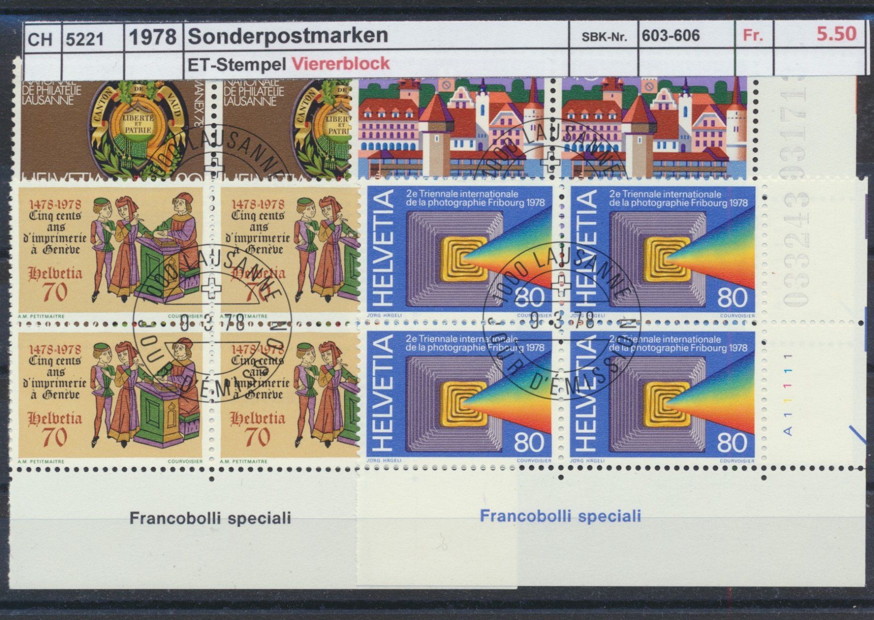 Tutti i francobolli: 1978 "Sonderpostmarken I", Viererblock, ET - Stempel – Usato da Winterthur venduto da Zupogeru