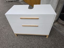 Waschtischunterschrank weiss mit Holzgriffen 
