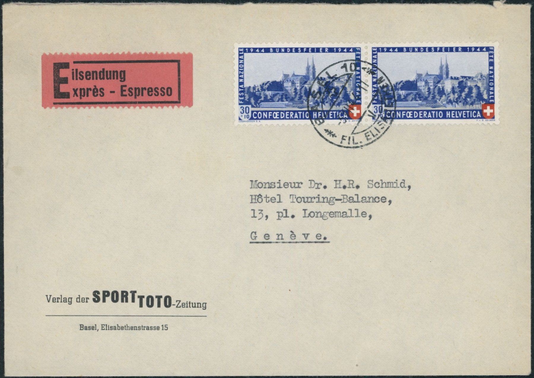Alle Briefmarken: 1944 - Pro Patria - Brief - MeF – Gebraucht aus Schindellegi von leecollect