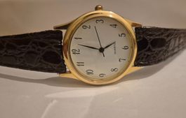 Vintage Armbanduhr: Echtleder Armband Uhr Quarz, vergoldet⌚️