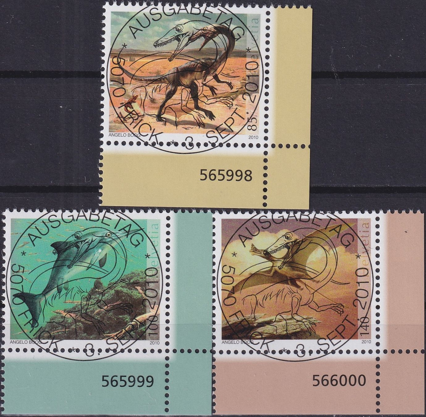 Tutti i francobolli: 2010, Nr.1359-1361 "Saurier" mit ET-Voll-Stempel +ECKTABS. – Usato da Sursee venduto da Luzernerraute