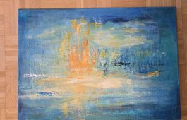 Abstrakte Malerei in Blau Orange Weiss Leinwand 50x70cm