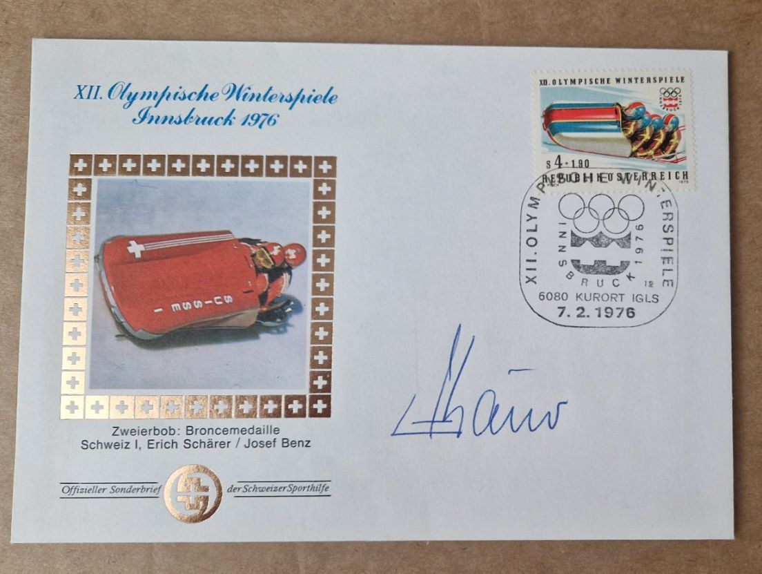 Autografi: Erich Schärer - Oympia Bronze - signiertes FDC – Usato da Menziken venduto da Autogramme