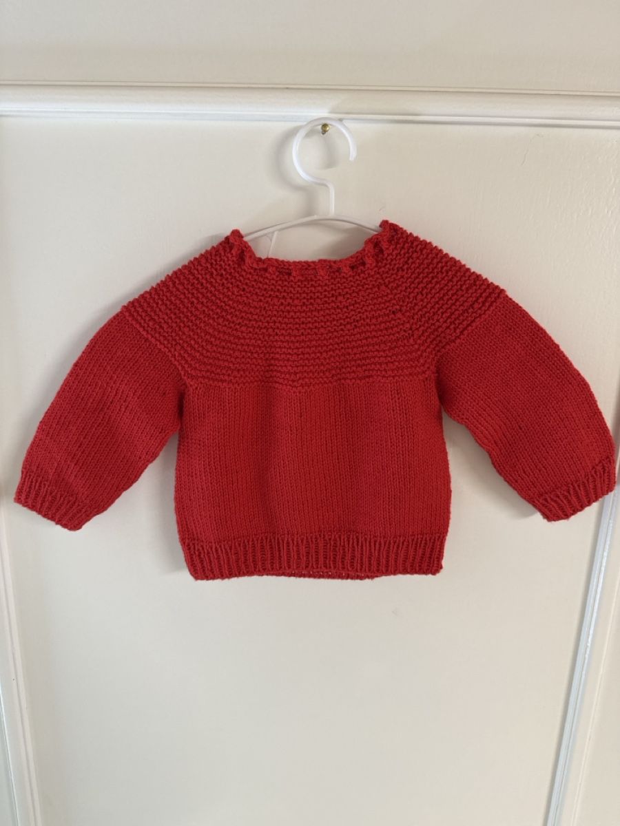 Maglioni & Felpe: Handgestrickter roter Pullover mit Hundemotiv, Grösse 62/68 – Usato da Bettwiesen venduto da Maori6 1