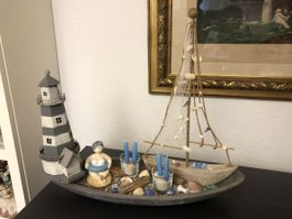 Stranddeko Maritim Deko Schiff Kerzen Muscheln Leuchtturm