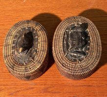 Unique Vintage Wicker Boxes with Carved Stone Details