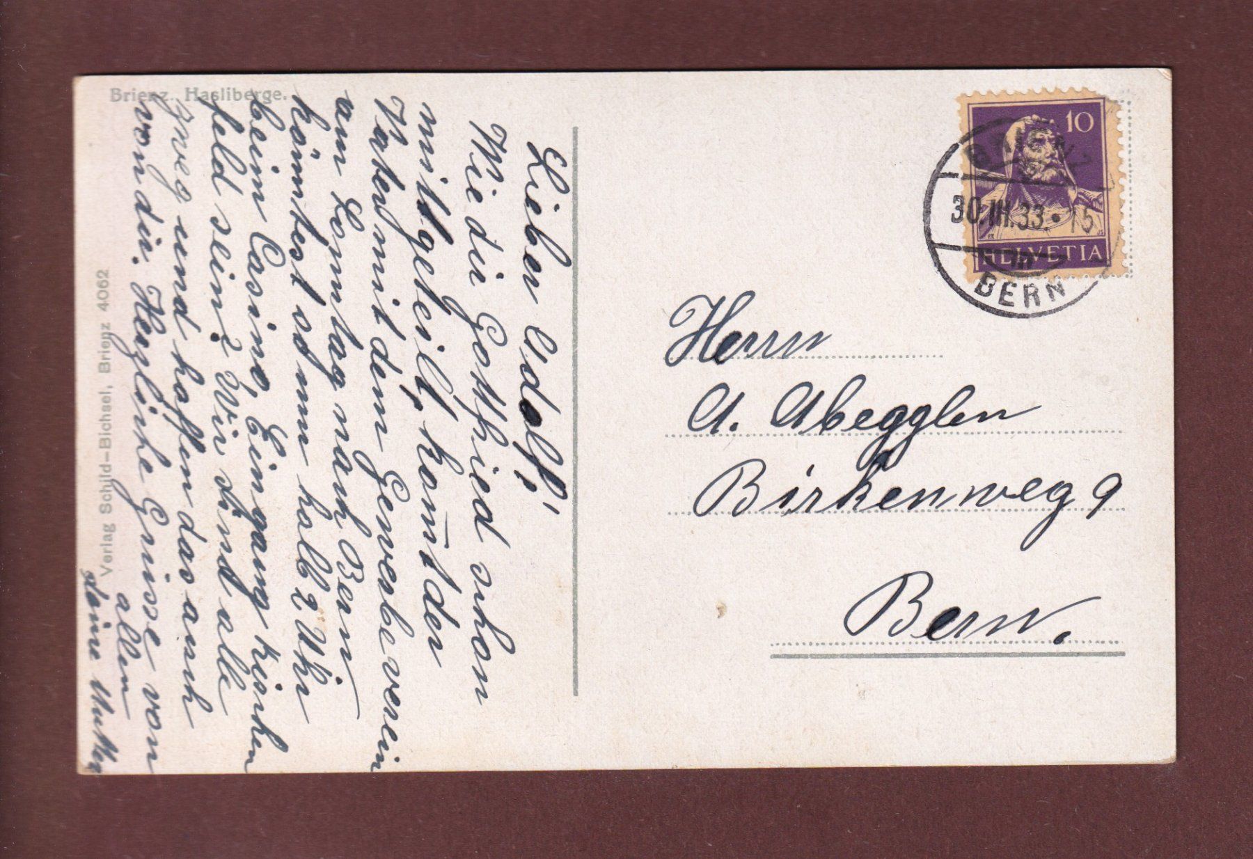 Cartoline postali: BRIENZ - Hasliberge - 1933 – Usato da Pully venduto da nicecards 1