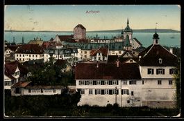 AK Arbon, Ortsansicht mit See, Turm und Kirche