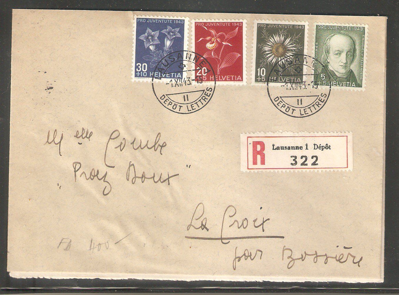 Tutti i francobolli: PJ 1943 FDC fr. R-Brief mit Ak-Stempel – Usato da Lausanne venduto da Whorvath