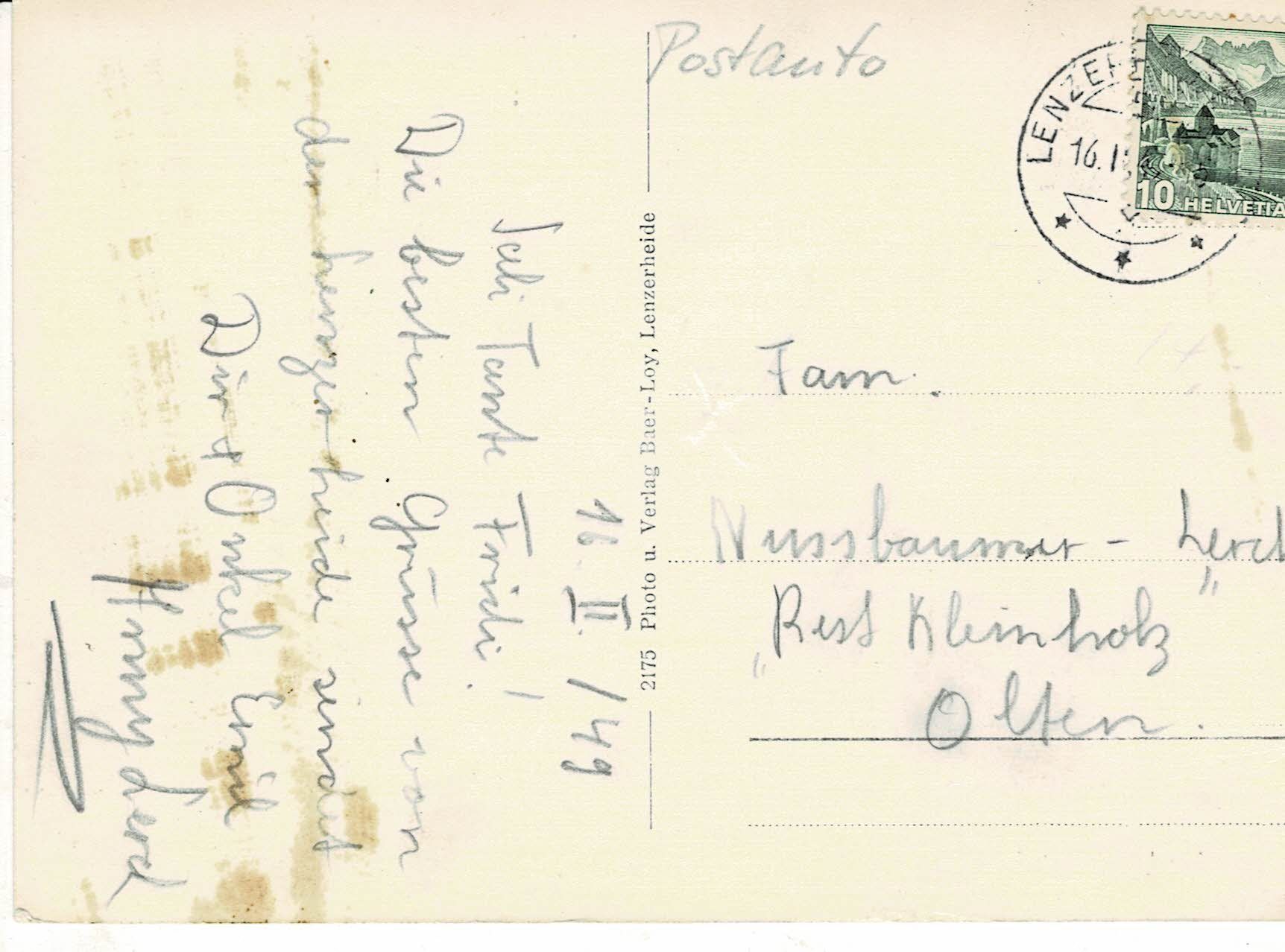 Ansichtskarten: LENZERHEIDE Postplatz mit Postauto's GR gel. 1949! – Gebraucht aus Hergiswil NW von Kartenfrau 1