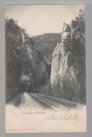 Carte Gorges de Moutier avec locomotive à vapeur 1902