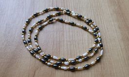 Elegante Perlenkette Hämatiten schwarz weiss gold Halskette