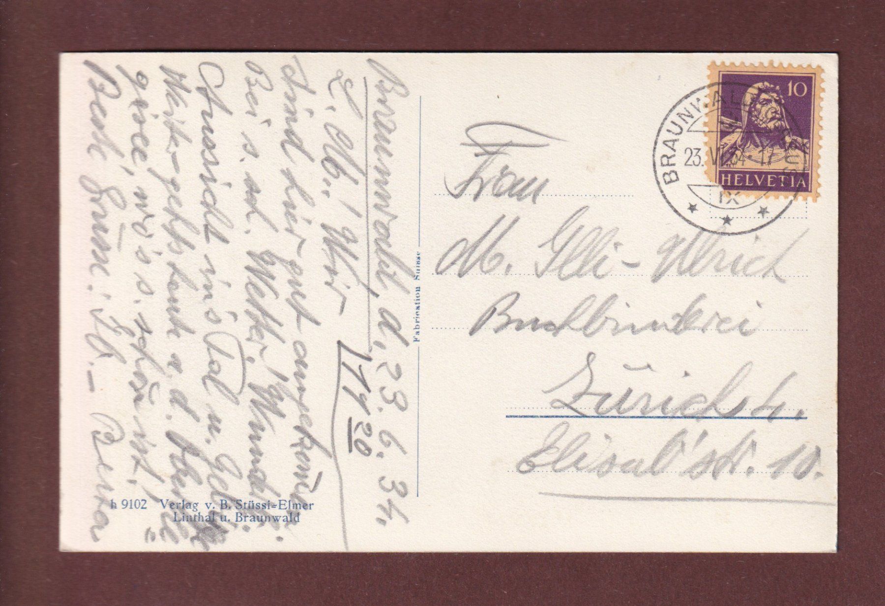 Cartoline postali: BRAUNWALD - Blick ins Tal - 1934 – Usato da Pully venduto da nicecards-shop 1
