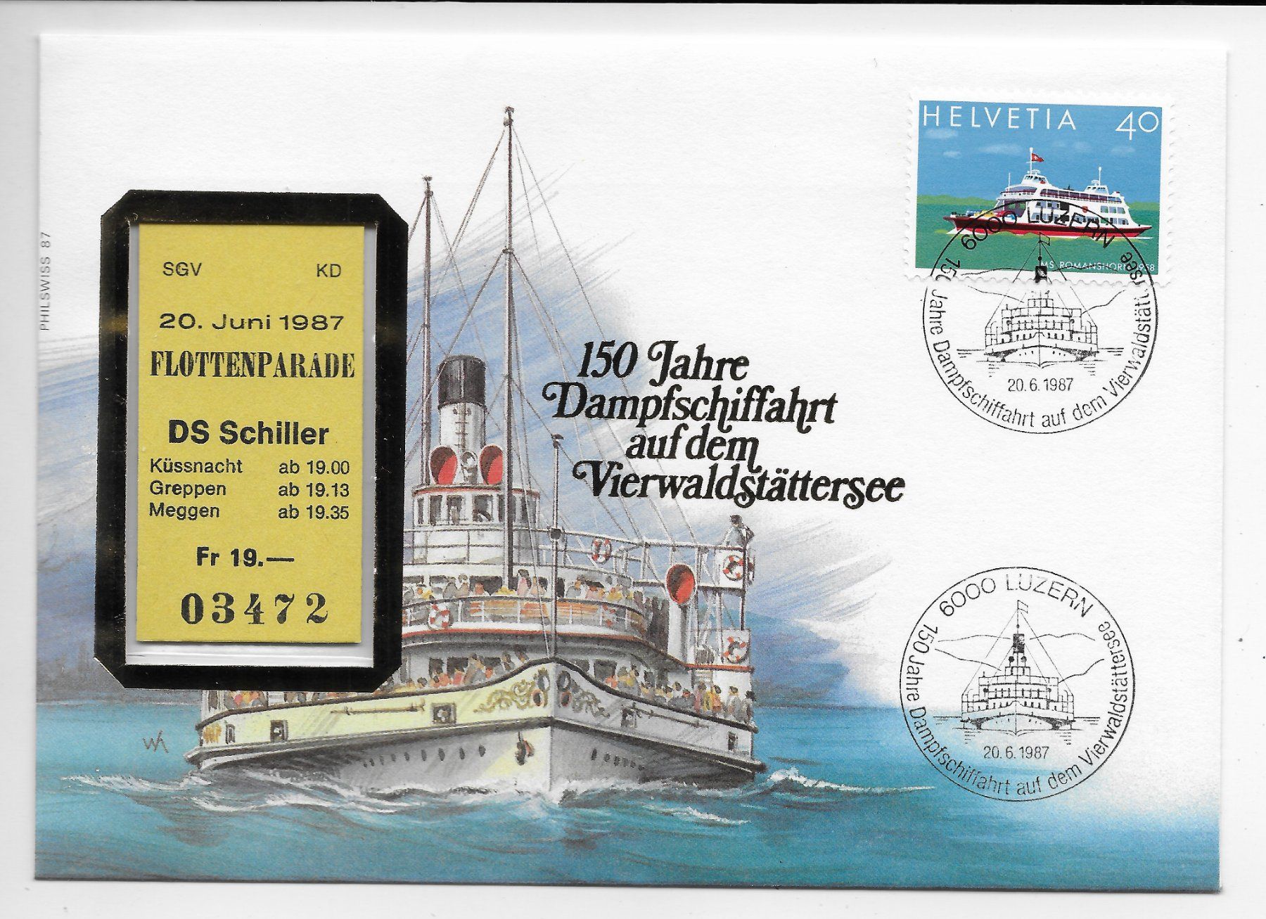 Tutti i francobolli: Brief mit Bahnbillet, 150 Jahre Dampfschiffahrt 1987 – Nuovo (secondo la descrizione) da Hefenhofen venduto da Richsalz