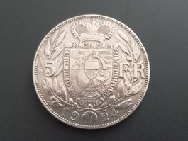5 Franken 1924 Liechtenstein, SELTEN, Katalogswert 600 CHF