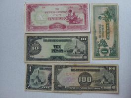 5x Japanische Banknoten, WWII Aera, Top Zustand, Original