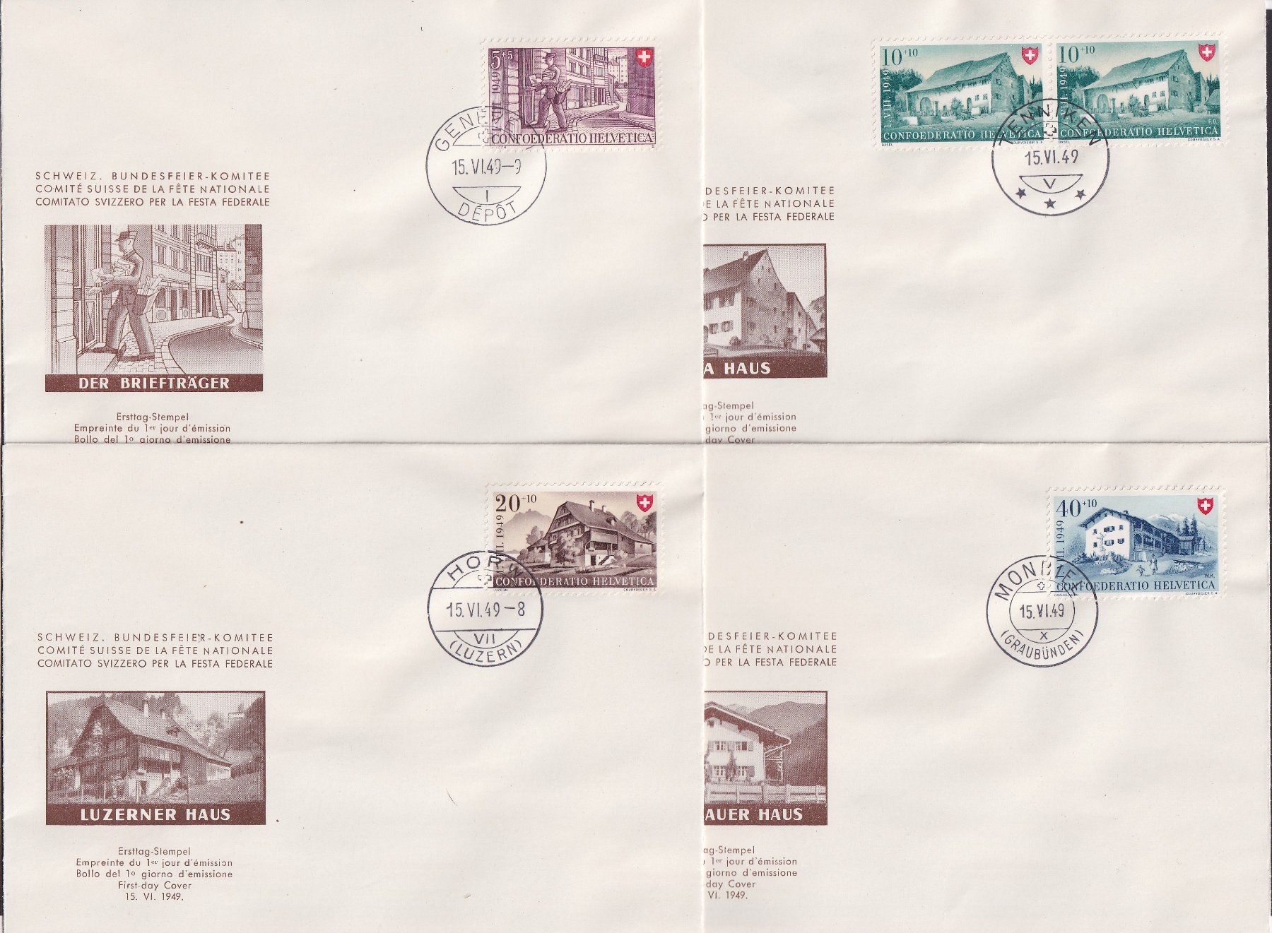 Alle Briefmarken: PP 1949 Komitee FDC, B42-B45, Arbeit + Schweizerhaus IV – Gebraucht aus Ebikon von SilvioFreund