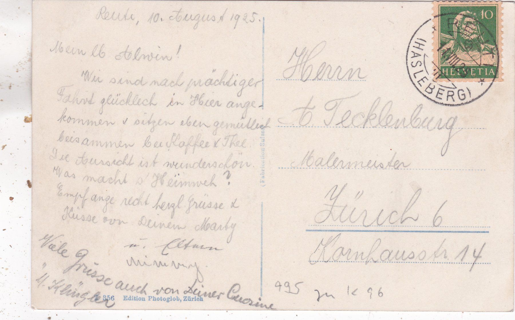 Cartoline postali: Reuti mit Wetterhorngruppe 1925 – Usato da Herisau venduto da Lisegrat2008 1