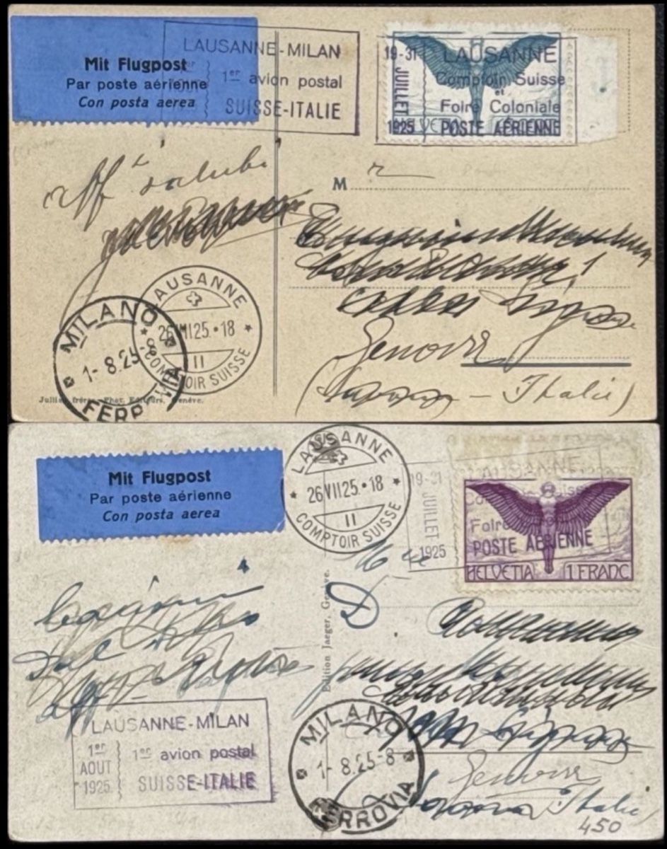 Cartes postales: Schweiz Flugpost Lausanne Mailand 1925 2 Karten – D'occasion à birsfelden par tim0444
