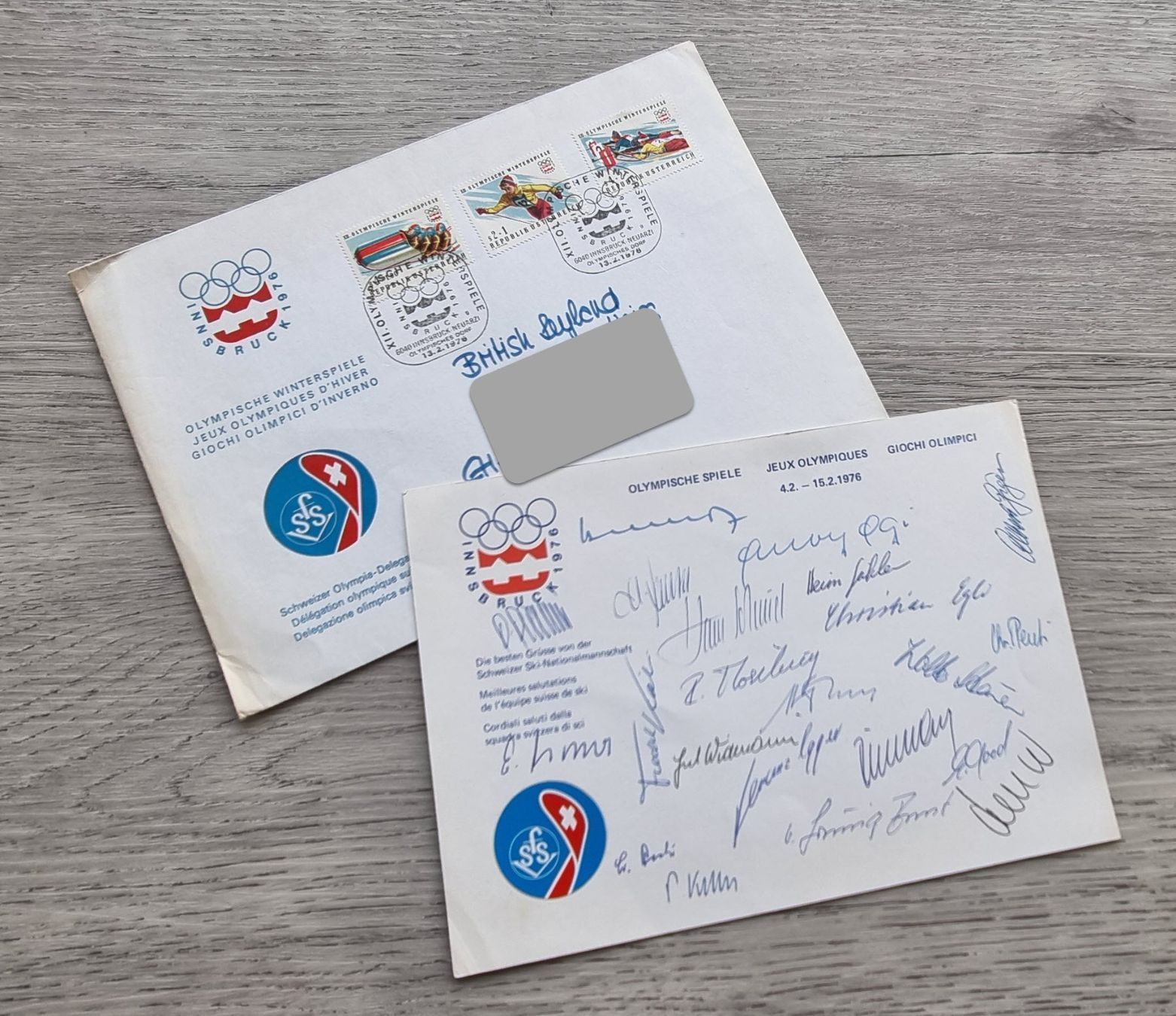 Autografi: Autogrammkarte der Schweizer Ski-Olympiamannschaft 1976 – Usato da Walterswil SO venduto da Clavis2503