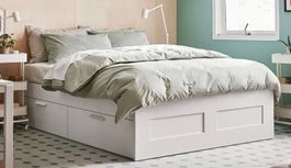BRIMNES Cadre lit + 4 tirois + Lattes + Matelas Waterlattex