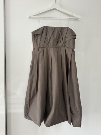 Taupe brown strapless wedding guest dress