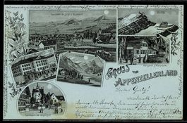 Lithographie Appenzell, Gasthaus z. Wildkirchlein, Rathaus, 