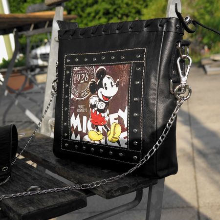 kleine Crossbody Damen, schwarzes Pferdeleder, Mickey Mouse