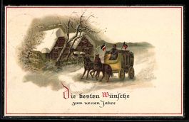 Postkutsche passiert eingeschneite Häus