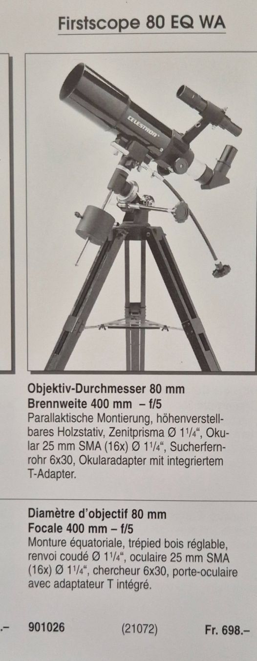 Celestron Telescopi: Téléscope Celestron Firstscope 80 EQ WA + Kit de filtre! – Usato da Villars-sur-Glane venduto da Verocac 9