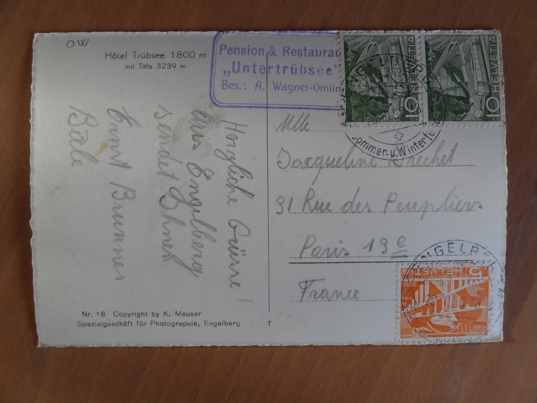 Cartoline postali: Hotel Trübsee mit Titlis - OW - 1950 – Usato da St Léonard venduto da Riglin 1