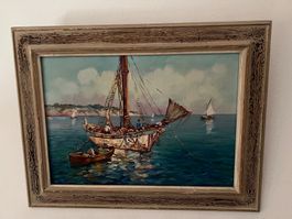 Ölgemälde signiert Zanelli Boot auf dem Meer gerahmt