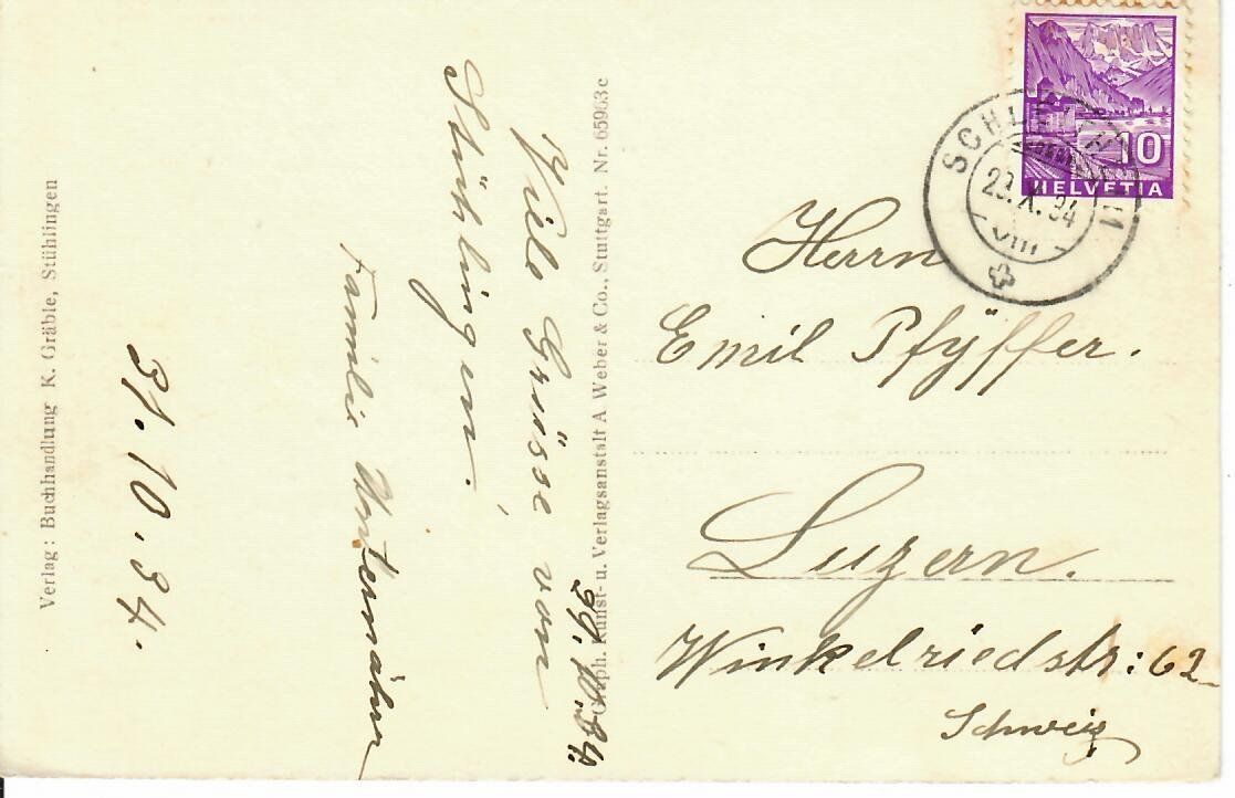 Cartoline postali: Stühlingen 1934 – Usato da Hochdorf venduto da Ziegel-16 1