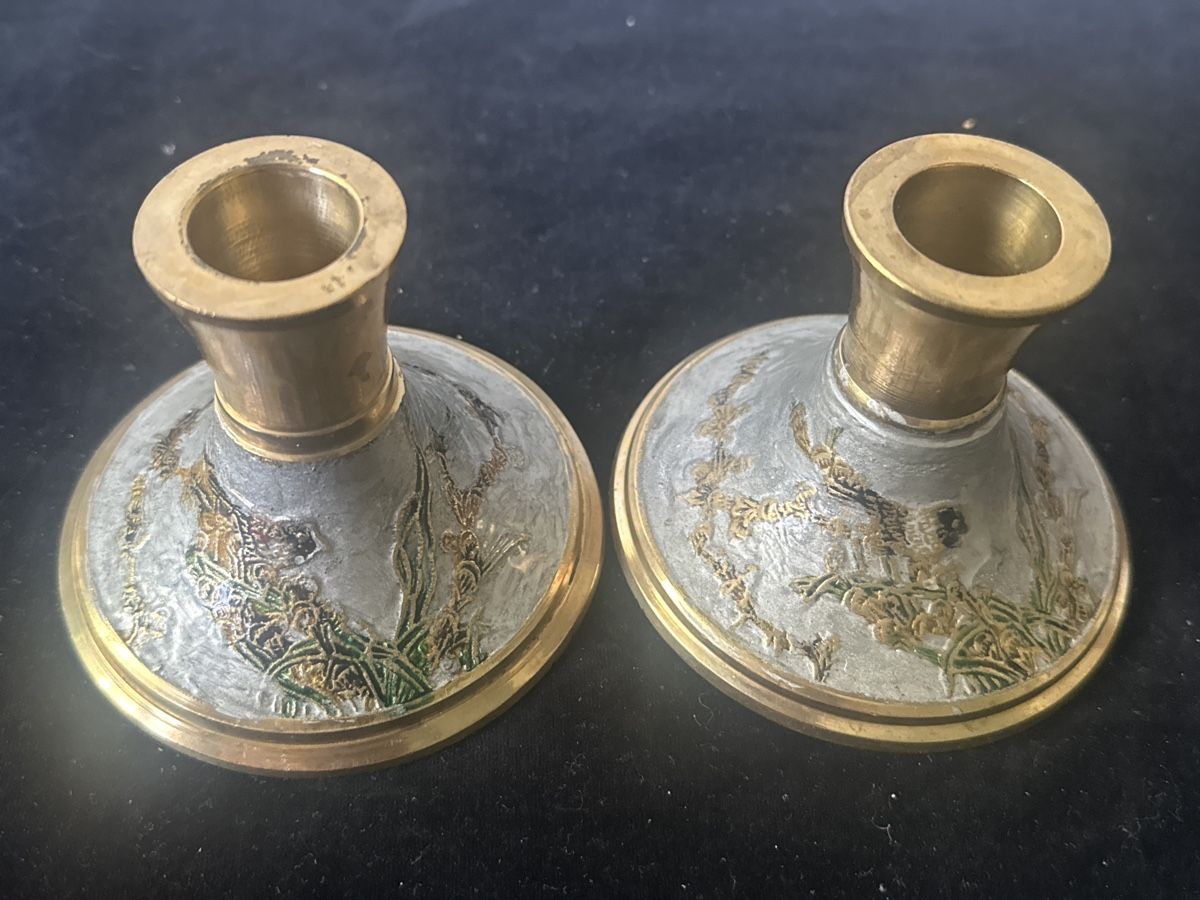Portacandele: 2er Set Vintage Kerzenständer, Messing/Emaille, Deko Herbst – Usato da Zürich venduto da Chaeffeler 5