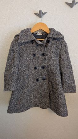 Mantel, blau-beige | 110 | Doppelreihe Knöpfe. Kapuze