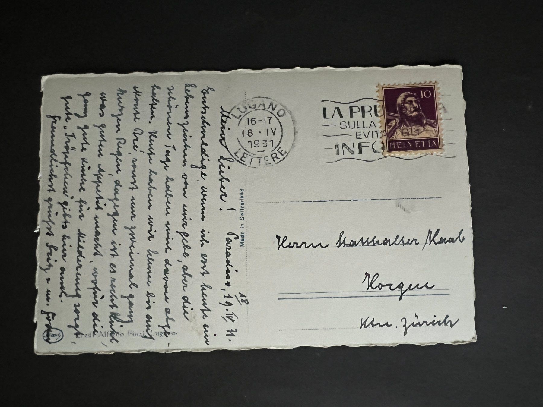 Cartoline postali: Ansichtskarte Lugano Paradiso  1931  (V785) – Usato da Hinwil venduto da Sidi4 1