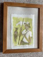 Geisshirt Aquarelldruck signiert E.L. Original Rahmen