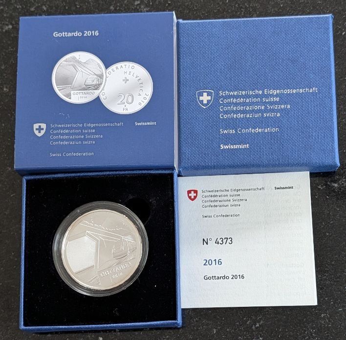 Tutti le monete: 20 Franken 2016 Silber pp Gottardo Box – Nuovo (secondo la descrizione) da Arch venduto da moneyswiss