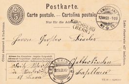 1908: 5 Rp. GS-PK, Stabstempel KIRCHBERG (BERN)-Gelterkinden