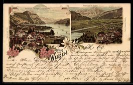 Lithographie Weesen, Ortsansicht mit Leistkamm und Churfürst