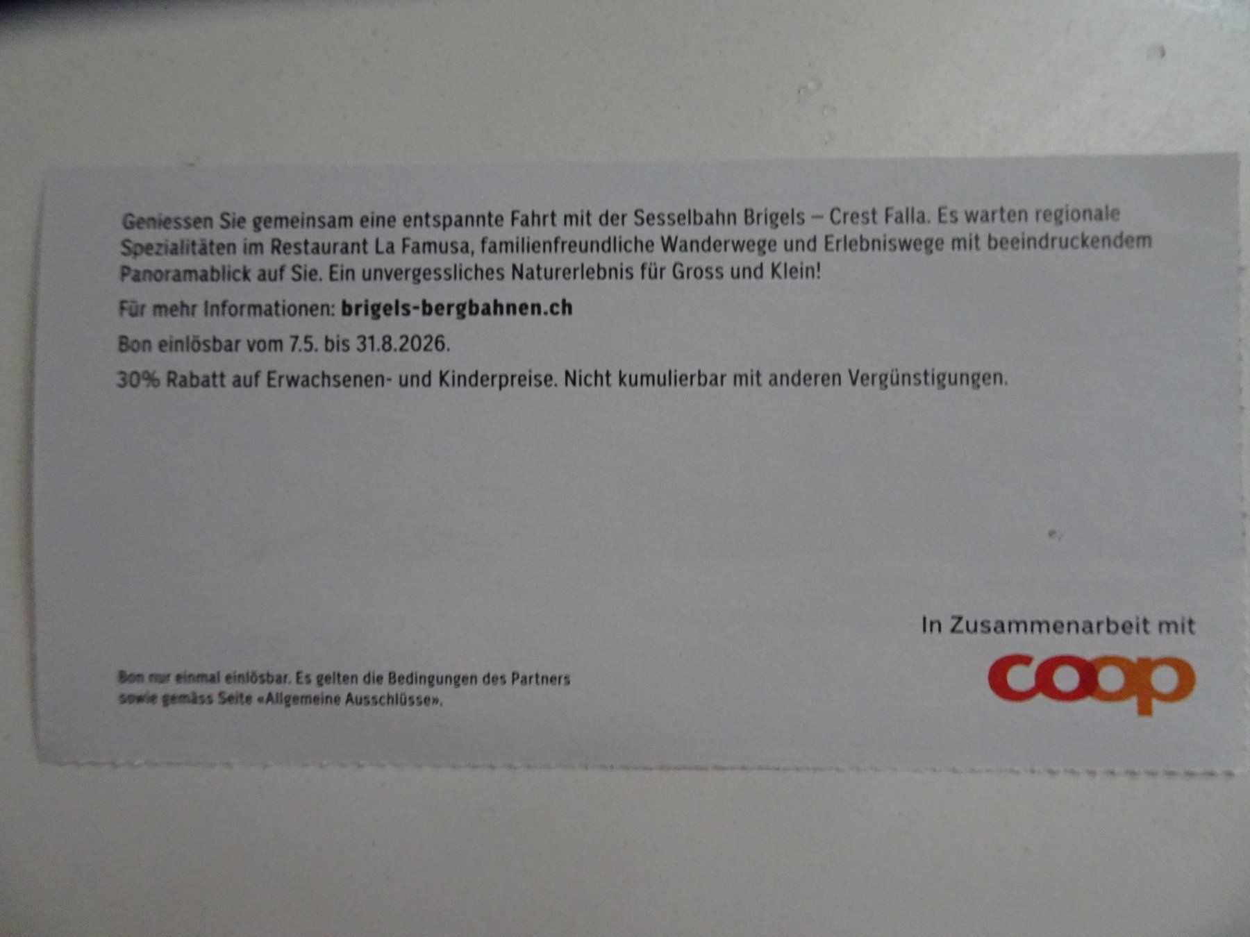 Buoni: Bon 30% Rabatt Bahnfahrt Brigels-Crest Falla – Nuovo (secondo la descrizione) da Winkel venduto da rsuzh 1