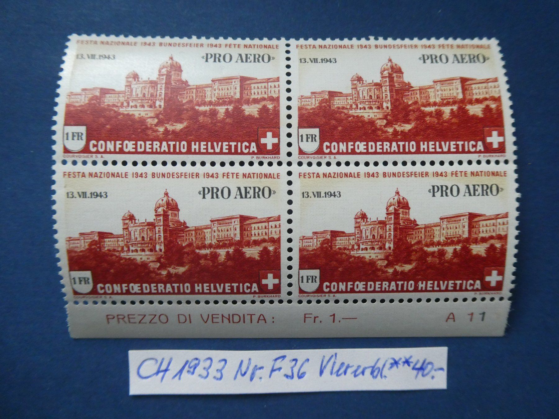 Tutti i francobolli: CH 1933 Nr. F36 postfrischer ** Viererblock – Usato da Lausen venduto da Herbamare01